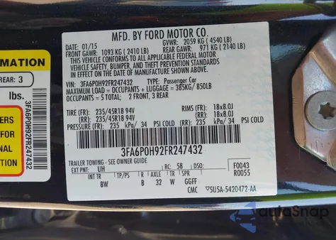 2015 Ford Fusion Se z USA, uszkodzony, nr VIN 3FA6P0H92FR247432
